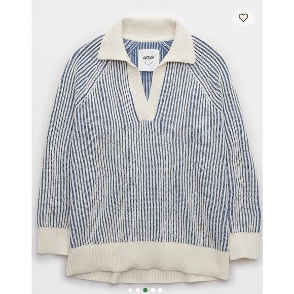 Aerie Sugar Rush Chenille Polo Henley Sweater Striped Oversized Coastal Preppy M - Picture 2 of 15